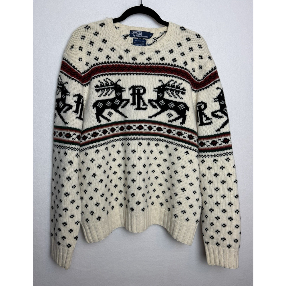 Vintage Polo Ralph Lauren 100% Lambswool Christmas Holiday Winter Hand Knit Crew